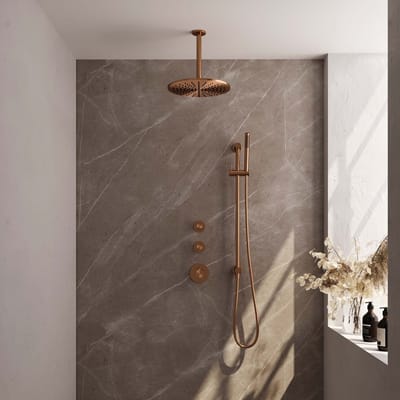 Brauer Copper Edition thermostatische inbouw regendouche SET 18 met 30 cm douchekop en plafondarm en staaf handdouche en doucheslang en geïntegreerde glijstang koper geborsteld PVD