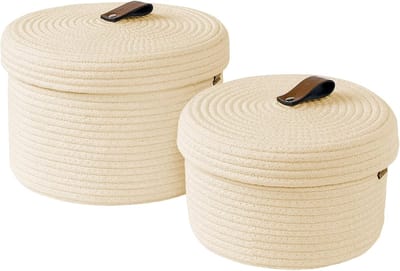 Decoratieve Opbergmanden Set van 2 met Deksel van Katoen, Ideaal voor Kleding, Sieraden en Kantoorbenodigdheden, Neutraal Kleurenschema