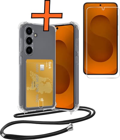 Hoesje Geschikt voor Samsung S25 Hoesje Met Telefoonketting Pasjeshouder Shockproof Case Met Screenprotector Koord - Hoesje Geschikt voor Samsung Galaxy S25 Hoes Met Kaarthouder - Transparant