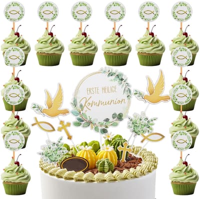 Cosensi- Taarttoppers 21 Stuks - Taartdecoratie Set - Cupcake-Topperset - Doop/Communie - Duif/Vis/Kruisen - Lichtgewicht Papier