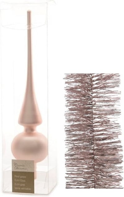 Kerstversiering glazen piek mat 26 cm en folieslingers pakket lichtroze van 3x stuks - Kerstboomversiering