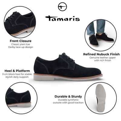 Tamaris herenschoenen van marineblauw suède leer met gladde neus, elegante derbyschoenen