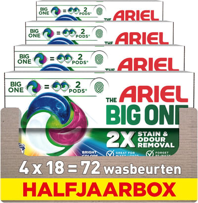Ariel The Big One Wasmiddel Pods Stralende Kleuren - 4 x 18 Wasbeurten - 1 Big One = 2 reguliere Ariel Pods