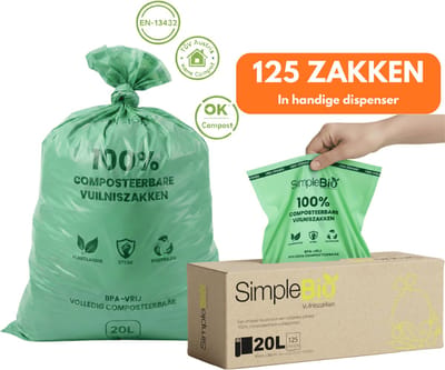 Biozakken 20 liter - 125 stuks biologisch afbreekbare afvalzakken - 45 x 50 cm - GFT zakken 20 liter - 100% composteerbare afvalzakjes - zakken GFT afval - 20l groene biozakken - composteerbare afvalzakjes 20 liter - OK compost
