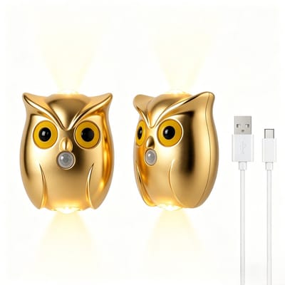Uil Wandlamp met Sensor - Set van 2 - Type-C Oplaadbaar - 3 Kleurstanden - Magnetische Wandbevestiging - Dimbaar - Draadloze Sfeerlamp voor Gang & Slaapkamer - 9x7.8cm - Goud