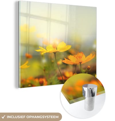 MuchoWow® Glasschilderij 90x90 cm - Schilderij acrylglas - Bloemen - Landschap - Geel - Foto op glas - Schilderijen