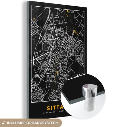 MuchoWow® Glasschilderij 40x60 cm - Schilderij acrylglas - Plattegrond - Sittard - Goud - Zwart - Foto op glas - Schilderijen - Stadskaart
