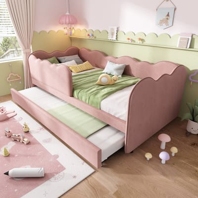 Wishdor Bedbank met uitschuifbed 90x190 cm - Wolkvormig ontwerp - Voor logeerkamer of slaapfeestje - Fluweel - Roze
