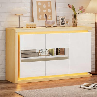 MIVRAY Dressoir - Hoogglans Opbergkast Met LED Verlichting - Voor Woonkamer Hal En Kantoor - Spaanplaat En Glas - 140x40x84 Cm