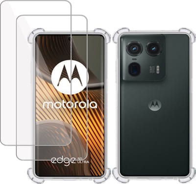 Hoesje + 2x Screenprotector geschikt voor Motorola Edge 50 Ultra – Tempered Glass - Extreme Shock Case Transparant