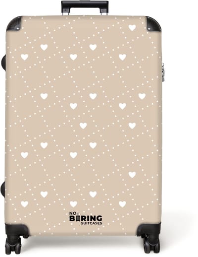 NoBoringSuitcases.com® - Koffer groot - Reiskoffer lichtgewicht - Beige achtergrond met witte hartjes - Rolkoffer met 4 wielen - Grote trolley XL - 98 liter bagage