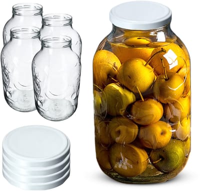 KADAX Glazen Pot 5L voor Jam, Honing, Komkommers, Fruit met Groot Patroon 5000ml + 4 witte deksels.