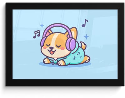 Poster in lijst - Fotolijst 30x20 cm - Posters - Corgi - Koptelefoon - Blauw - Muzieknoten - Posterlijst zwart - Decoratie - Wanddecoratie woonkamer - Muurdecoratie slaapkamer