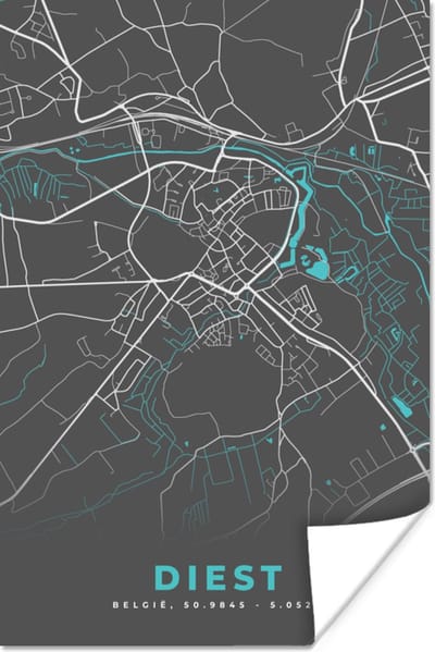 Poster België – Diest – Stadskaart – Kaart – Blauw – Plattegrond - 120x180 cm XXL