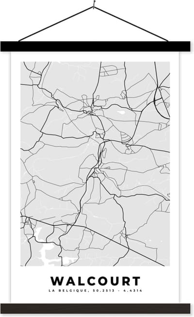 Posterhanger incl. Poster 40x60 cm - Schoolplaat - Stadskaart – Plattegrond – België – Zwart Wit – Walcourt – Kaart - Textielposter - Zwarte latten - Stadskaart