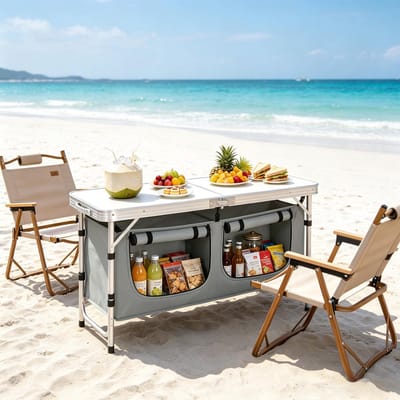 REDOM - Campingtafel - Verstelbare Poten - Met Hangende Opbergtas - Inklapbaar - Voor Camping En Strand - Aluminium En MDF - Grijs Wit