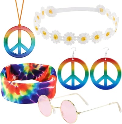 Hippie kostuumset met 6 accessoires, waaronder brillen, peace sign ketting, oorbellen en hoofdband voor een feestelijke hippiestijl