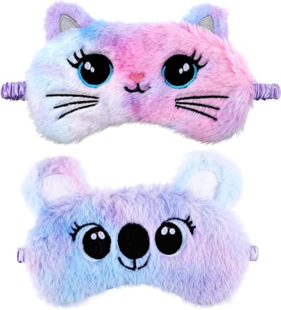 Zachte Pluche Oogmasker Set voor Comfortabel Slapen - Schattige Dieren Ontspanningsmaskers voor Vrouwen en Mannen - Perfecte Cadeau Ideeën voor Een Goede Nachtrust (Paars, Kat & Koala Stijl)