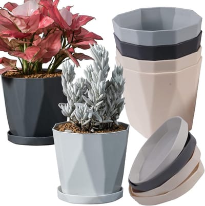Plastic plantenpotten 13 cm - Set van 6 stuks met wortelcontrole en schotel - Scandinavische stijl (3 kleuren)