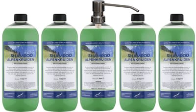 Shampoo Alpenkruiden - 1 liter (transparant) - 5 stuks - met zilveren pomp - Voordeelverpakking - Haarverzorging