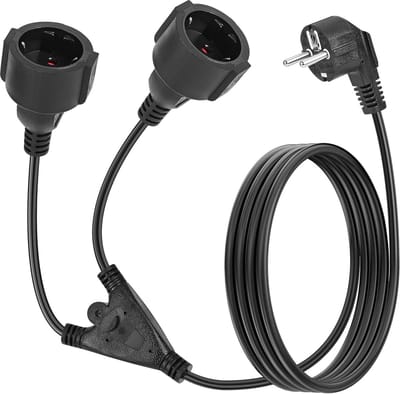 2-in-1 Verlengsnoer met Dubbele Stekker en IP44 Adapter voor Binnen en Buiten (Zwart)