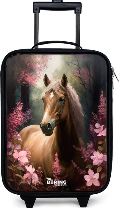 NoBoringSuitcases.com® - Kinderkoffer jongen - Kindertrolley meisje - Lichtbruin paard tussen de roze bloemen - Koffer kind lichtgewicht - Reiskoffer trolley voor kinderen - Koffertje met lichtgevende wieltjes - Rolkoffer zwart