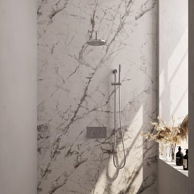 Brauer Chrome Edition thermostatische inbouw regendouche met drukknoppen SET 63 met 20 cm douchekop en gebogen muurarm en staaf handdouche en doucheslang en geïntegreerde glijstang chroom