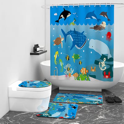Floraweg Douchegordijn,Shower Curtain,badgordijn,badkamergordijn,mariene wereld, onderwaterwereld, haai, octopus，vis, digitale printen -Anti Schimmel - Inclusief 12 ringen -met 12 stuks douchegordijnhaken – Waterdicht -Wasbaar- Polyester - 180x200 cm