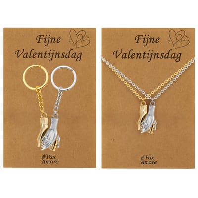 Koppel Ketting + Sleutelhanger voor 2 'Fijne Valentijnsdag' - Handjes Vasthouden - Bundel op Cadeau Kaartje - Goudkleurig & Zilverkleurig - Vriendschap of Relatie Symbool - Pax Amare