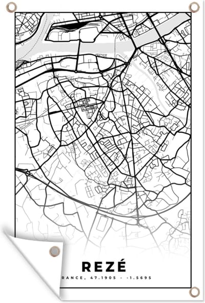 Muurdecoratie Rezé - Stadskaart - Plattegrond - Kaart - Frankrijk - Zwart wit - 120x180 cm - Tuinposter - Tuindoek