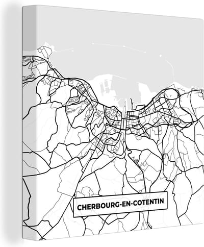 Canvas Schilderij Frankrijk - Plattegrond - Cherbourg-en-Cotentin - Stadskaart - Kaart - Zwart wit - 20x20 cm - Wanddecoratie