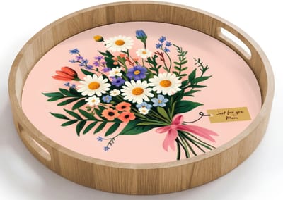 Dienblad rond 40x40 cm - Schootdienblad hout - Margrieten - Boeket - Strikje - Roze - Borrelplank rechthoek - Plateau houten dienbladen