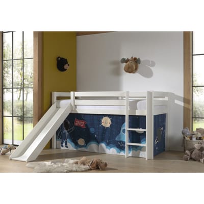 LUCEVI - Pino Halfhoogslaper H115CM + Ladder + Glijbaan + Space Shuttle Gordijntjes - Wit - 90x200 cm