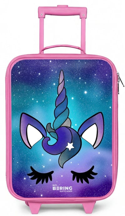 NoBoringSuitcases.com® - Kinderkoffer roze - Kindertrolley meisje - Paarse eenhoorn - Koffer kind lichtgewicht - Reiskoffer trolley voor kinderen - Koffertje met lichtgevende wieltjes - Rolkoffer