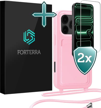 Hoesje Geschikt voor iPhone 17 Pro Max Pashouder Case Siliconen Hoes Met Koord Met 2x Screenprotector - Hoes Geschikt voor iPhone 17 Pro Max Met Telefoonkoord Hoesje Back Cover Met Pasjeshouder - Lichtroze
