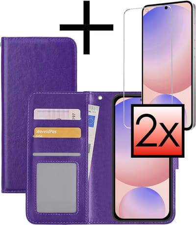 Hoesje - Met 2x Screenprotector - Geschikt voor Samsung Galaxy S24 FE - Luxe Pasjeshouder - Bookcase Portemonee - Flip Case - Kunstleer Book Case - Flipcase Hoes - Book Cover - Walletcase - Portemonneehoes - Paars