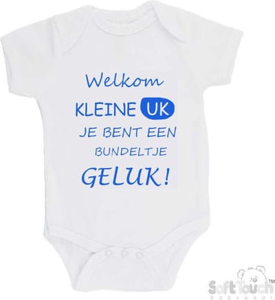 100% katoenen Romper "Welkom kleine uk, je bent een bundeltje geluk" Jongens Katoen Wit/blauw Maat 56/62