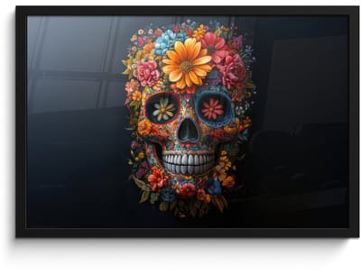 Poster in lijst - Fotolijst 60x40 cm - Posters - Bloemen - Kleurrijk - Schedel - Posterlijst zwart - Decoratie - Wanddecoratie woonkamer - Muurdecoratie slaapkamer