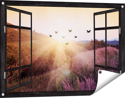 Gards Tuinposter Doorkijk Silhouet Zwerm Vogels bij Zonsondergang - 90x60 cm - Tuindoek - Tuindecoratie - Wanddecoratie buiten - Tuinschilderij