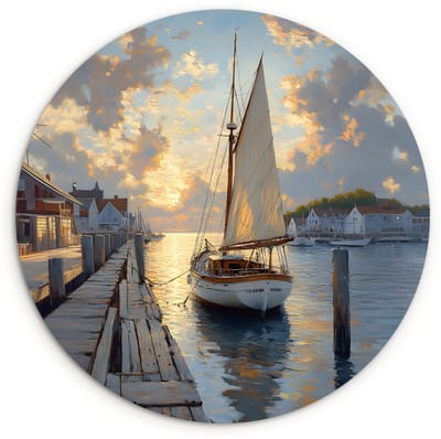 WallCircle® Wandcirkel 120x120 cm - Muurcirkel Zeilboot - Zon - Pier - Hout - Muurdecoratie woonkamer - Wanddecoratie slaapkamer - Kamer decoratie accessoires - Ronde schilderijen XXL
