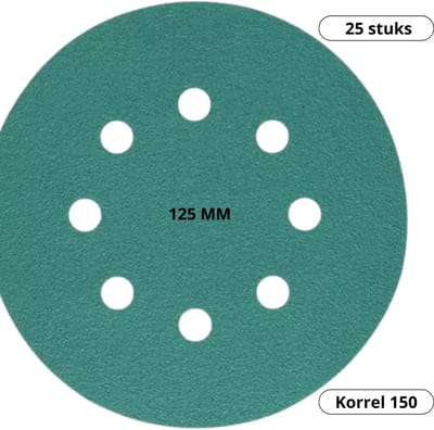 Schuurpapier klittenband 125 mm 8-Gats 25-delig voor excentrische schuurmachine korrel 150