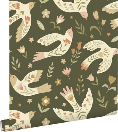 ESTAhome behang bloemen en vogels groen - 50 x 900 cm - 131756