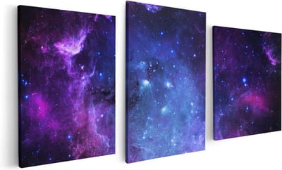 Artaza Canvas Schilderij Drieluik Ruimte in het Paars Blauw - 120x60 cm - Wanddecoratie Woonkamer - Schilderijen - Muurdecoratie