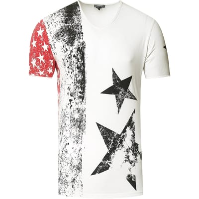 USA T-shirt met sterren en strepen en V-hals in gebruikte look