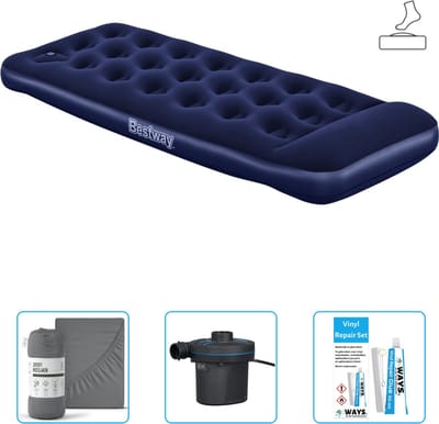 Bestway luchtbed - 1-Persoons - 76 x 185 x 28 cm - Blauw - Inclusief pomp - Hoeslaken - Pomp en Reparatieset
