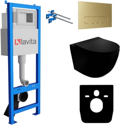 LAVITA® Inbouwreservoir Complete Toiletset LAV 101 - Inbouw WC Hangtoilet Wandcloset SINTO BLACK Zwart Mat - Bedieningsplaat 200.3.5 Gouden - Voorwandelement voor toilet 40cm - Installatiesysteem