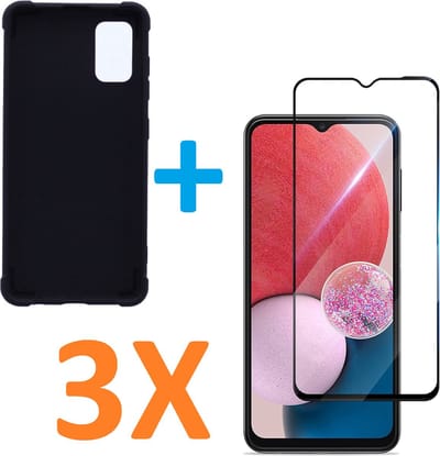 Anti-Shock silicone hoesje zwart met 3 Pack Full Tempered glas Screen Protector Geschikt voor: Samsung Galaxy A13 4G