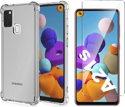 Hoesje geschikt voor Samsung Galaxy A21s - Anti Shock Proof Siliconen Back Cover Case Hoes Transparant - Tempered Glass Screenprotector