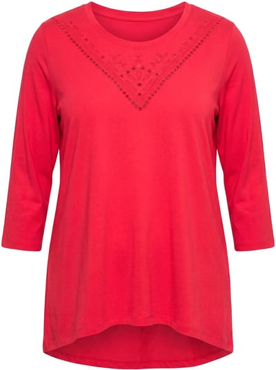 Angel of Style - Dames - T-shirt langere A-lijn opengewerkt borduursel - Neonrood - Maat 42