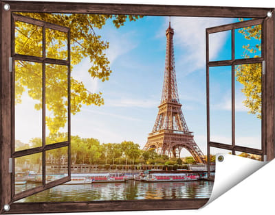 Gards Tuinposter Doorkijk Eiffeltoren in Parijs aan het Water - 90x60 cm - Tuindoek - Tuindecoratie - Wanddecoratie buiten - Tuinschilderij